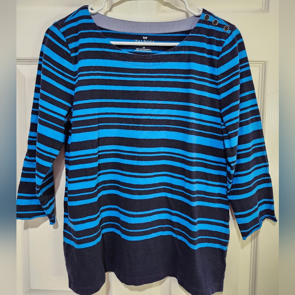 Talbots Women's Black & Blue Striped Top Size Large Petite